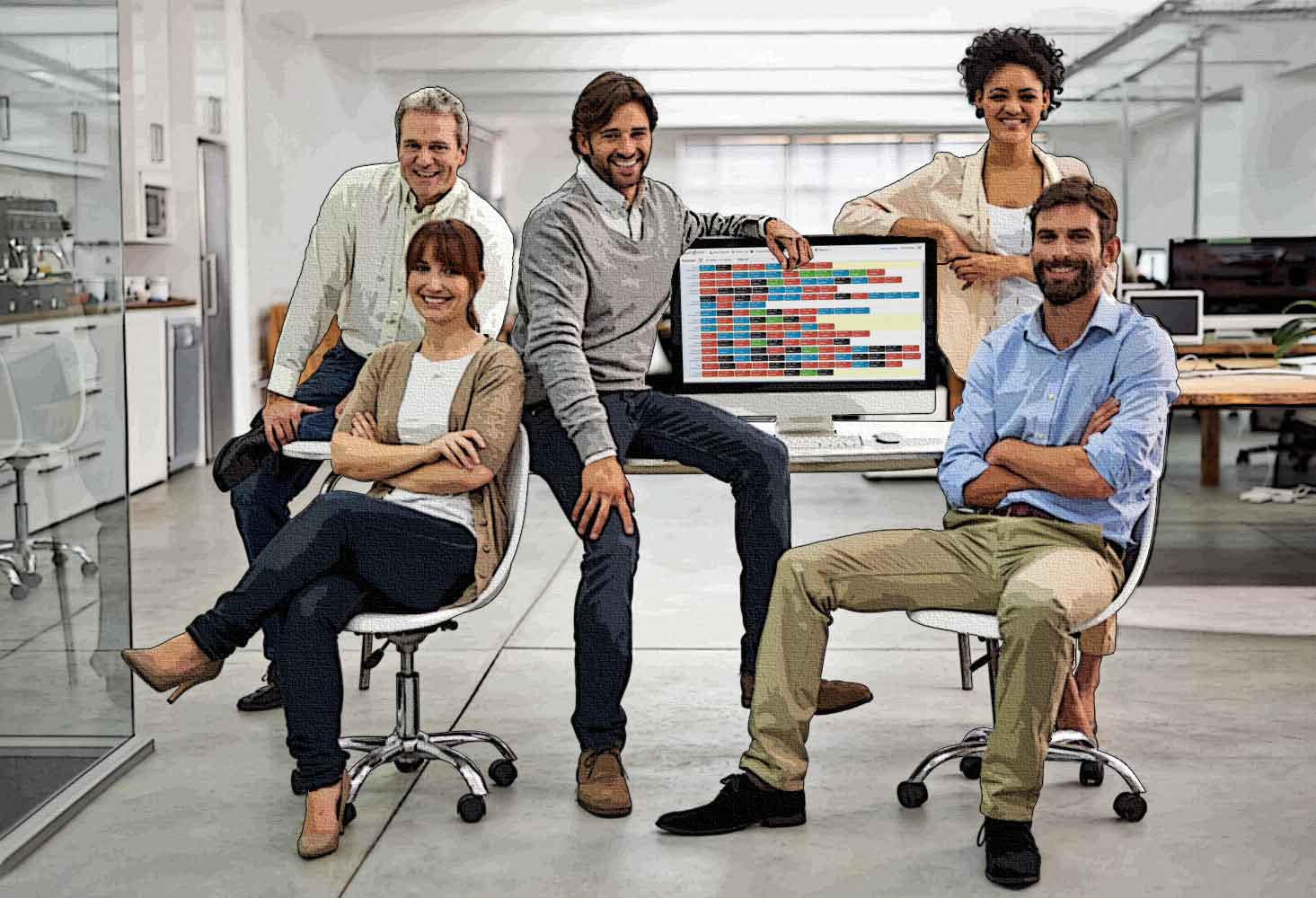 Group of office team members with Staffpoint on a computer.